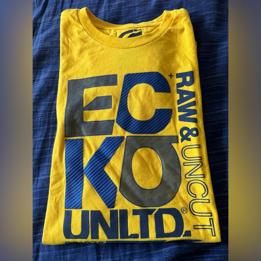 Men’s Ecko Unlimited Raw & Uncut Shirt XL Yellow Blue GRAPHIC NICE!
